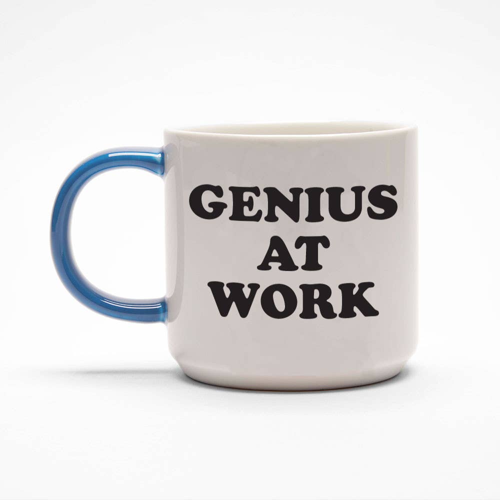 Ceramic mug with the phrase "Genius at Work" in bold black letters on a white background, featuring a blue handle.