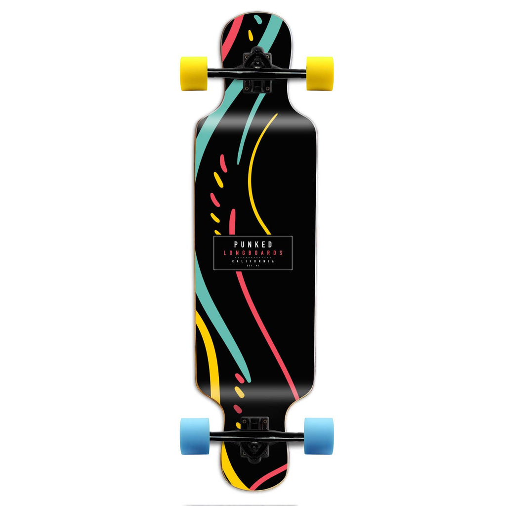 Sway Longboard with a natural wood finish and colorful graphics, equipped with high-quality wheels and trucks.