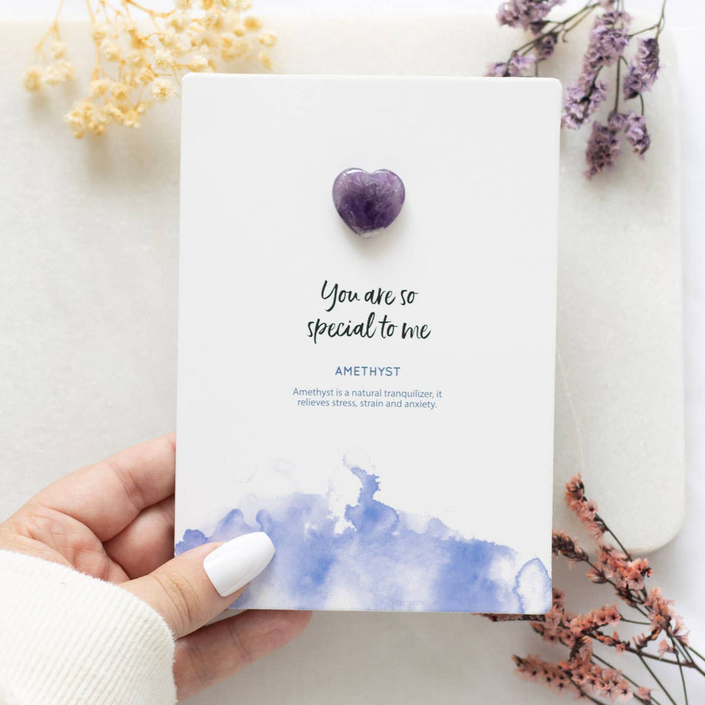 Amethyst Greeting Card with a natural amethyst heart and the message “You are so special to me.”