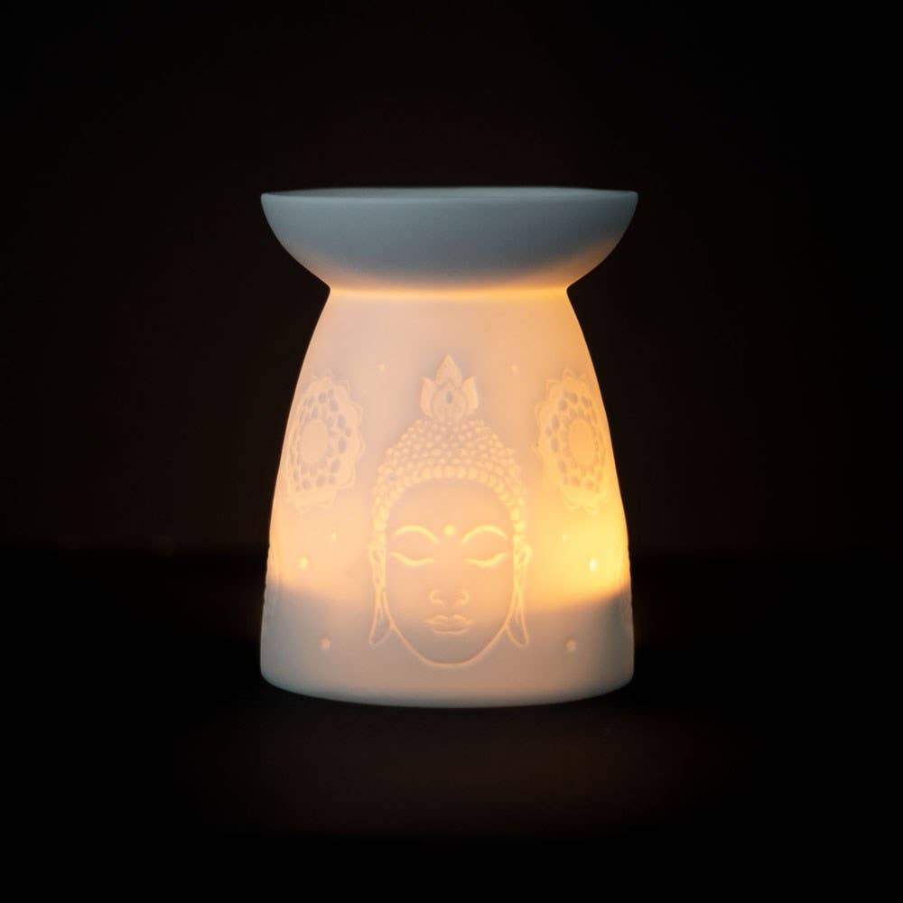 White Ceramic Buddha Face Oil Burner with Elegant Design