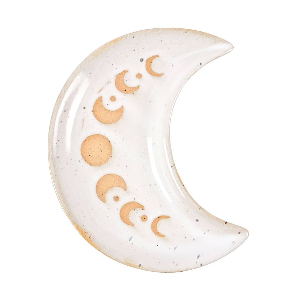 Moon Ceramic Trinket Tray with lunar phase design and speckled white finish.