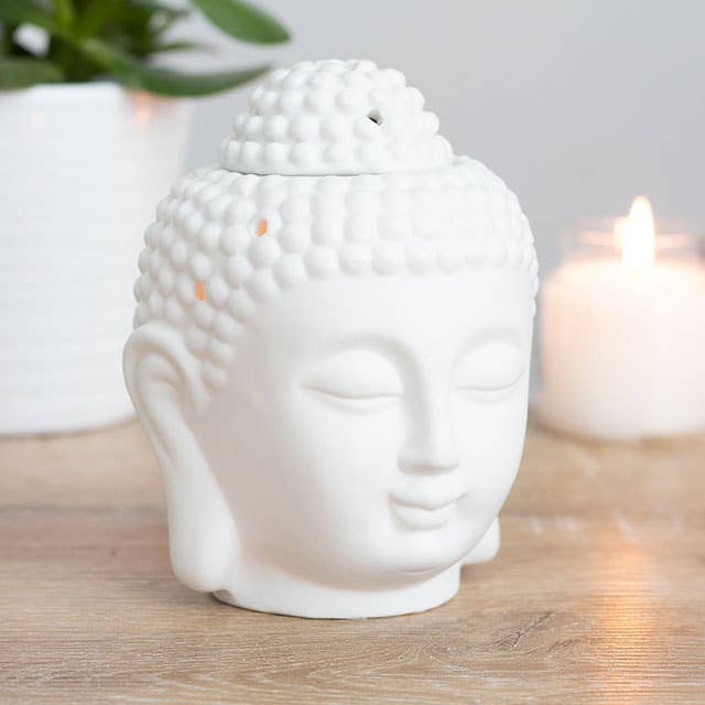 White Buddha Head Oil Burner and Wax Warmer with Detailed Features