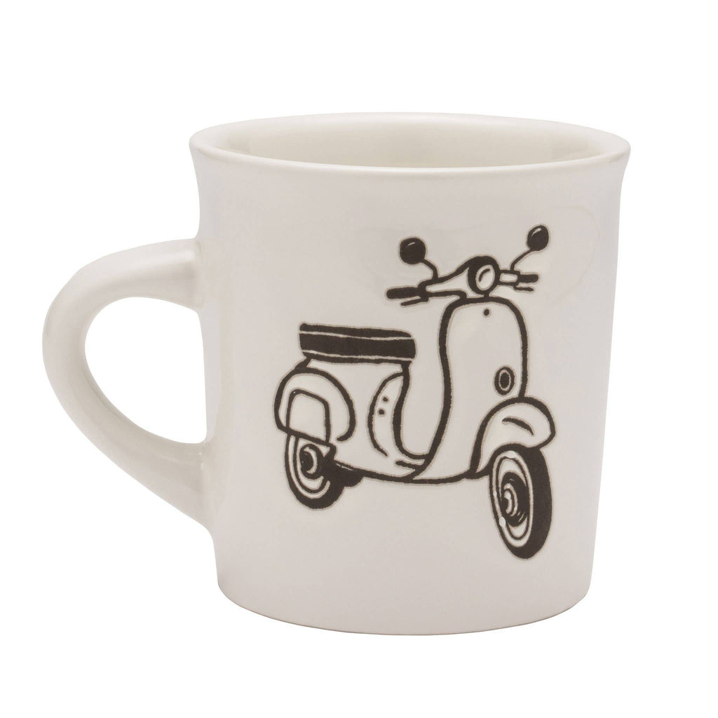 White ceramic mug with a black sketch of a vintage moped.