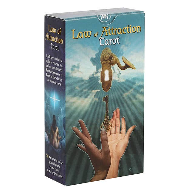 Law of Attraction Tarot card deck featuring 78 beautifully illustrated cards and a detailed instruction booklet.