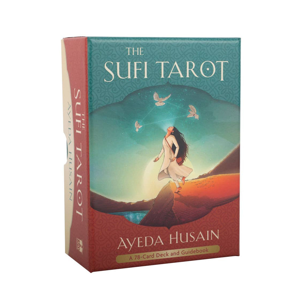 The Sufi Tarot card deck by Ayeda Husain, featuring 78 cards and a 174-page guidebook, illustrated by Hassaan Aftab and Momina Khan. Packaged in a matching sliding box.